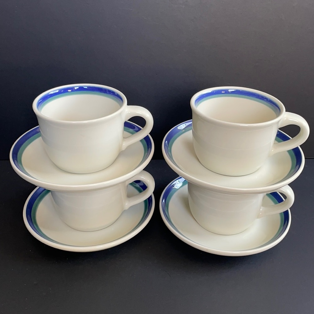 Set of 4 Pfaltzgraff USA Stoneware Cups and Saucers Blue Green Bands Coffee Tea